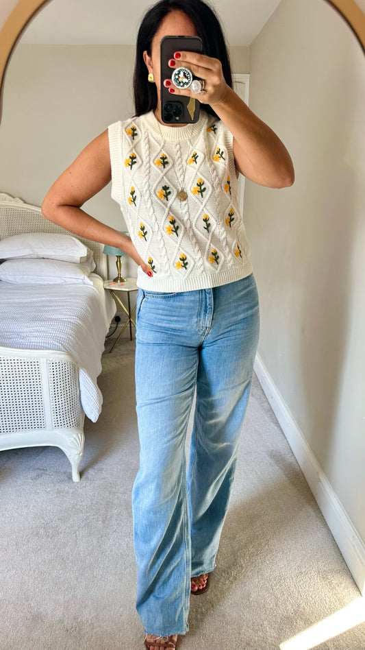 Warehouse cream yellow floral cable knit tabard vest large UK 12 vgc w25