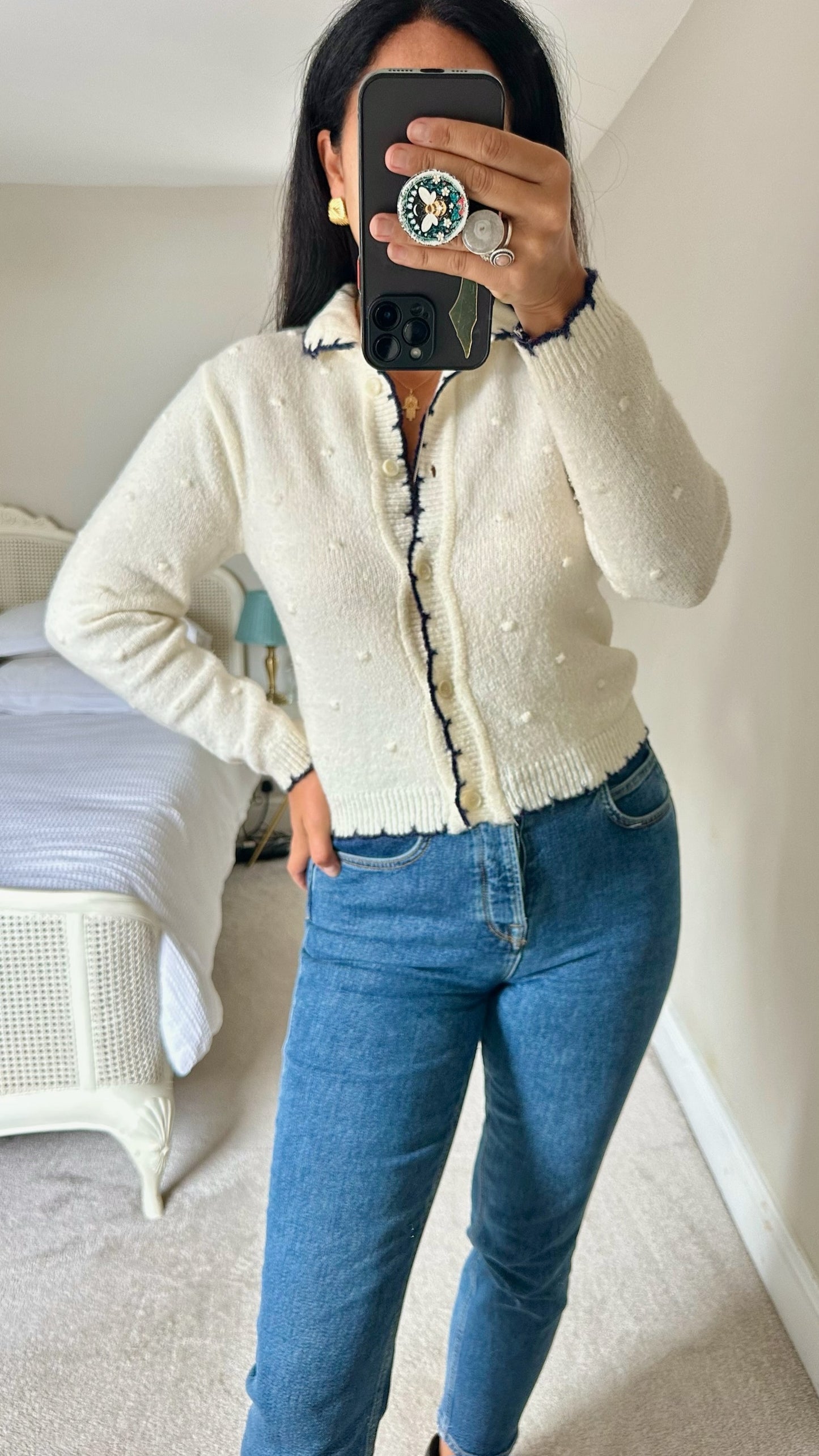 Olive cream black wool blend cardigan small UK 8-10 vgc w25