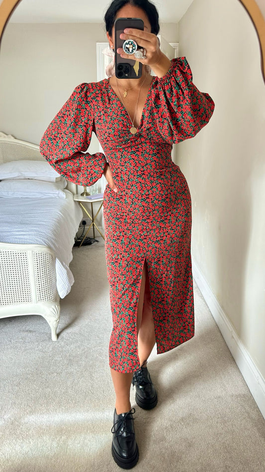 Topshop red rose balloon sleeve backless event dress small UK 8 vgc w25