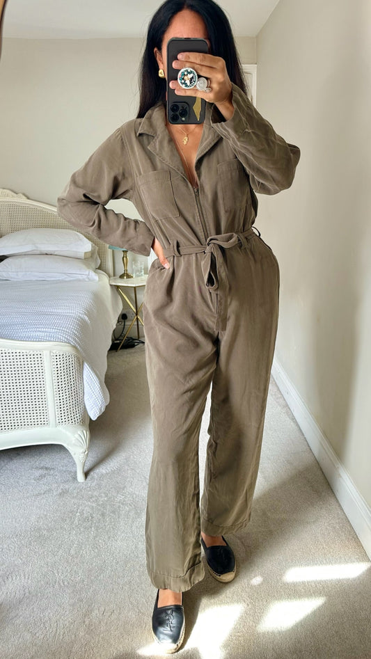 Seen Worn Kept @ Anthropologie khaki olive green zip up jumpsuit boiler suit large UK 12 vgc w25