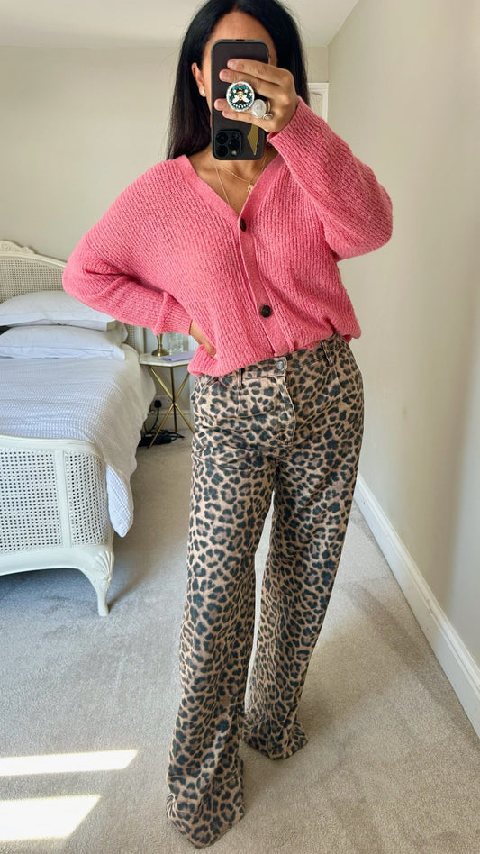 Oliver bonas fuchsia pink alpaca blend knitted cardigan oversized small UK 8-10 vgc w25