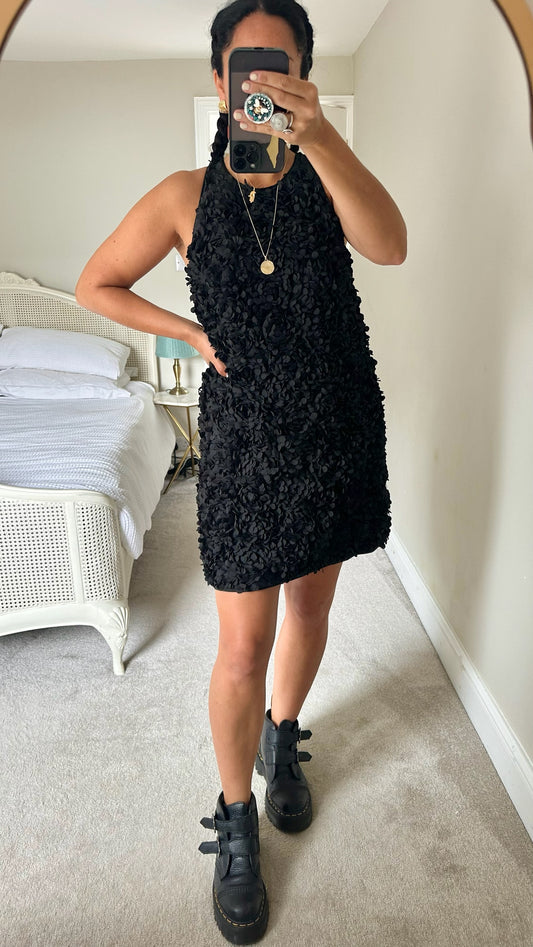 & other stories black laser cut floral embossed 3D mini party dress large UK 12 vgc