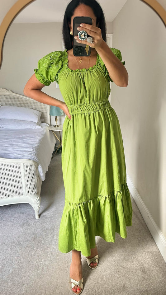 Very olive pea green midi dress extra large UK 14 vgc holiday