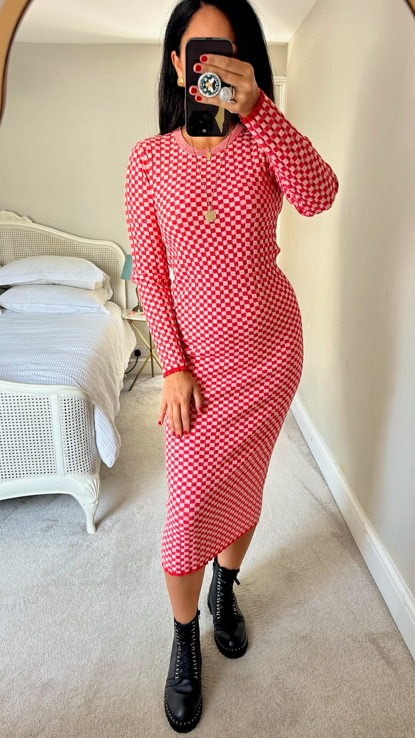 Whistles ribbed pink red knitted long line maxi jumper dress medium large UK 10 12 vgc w25