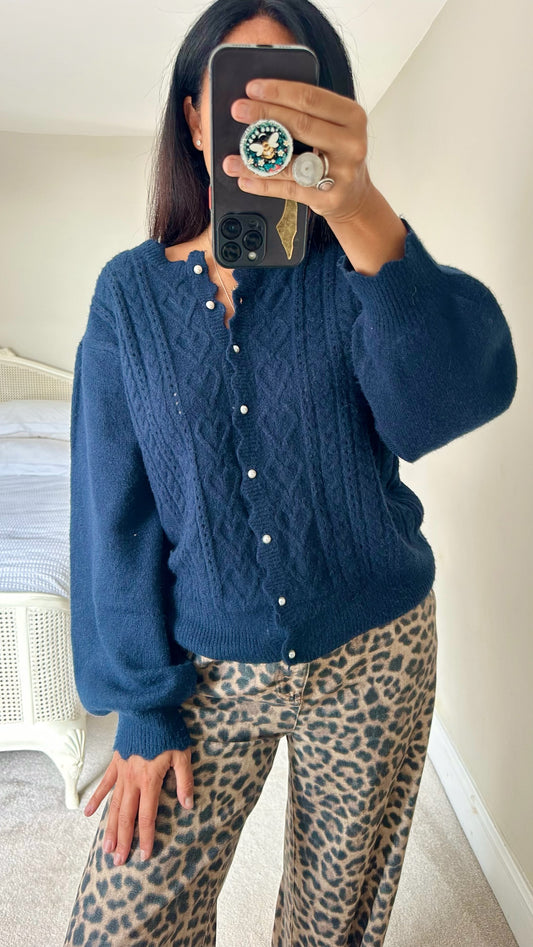 Nobody's child navy blue cable knit cardigan large UK 12 vgc w25