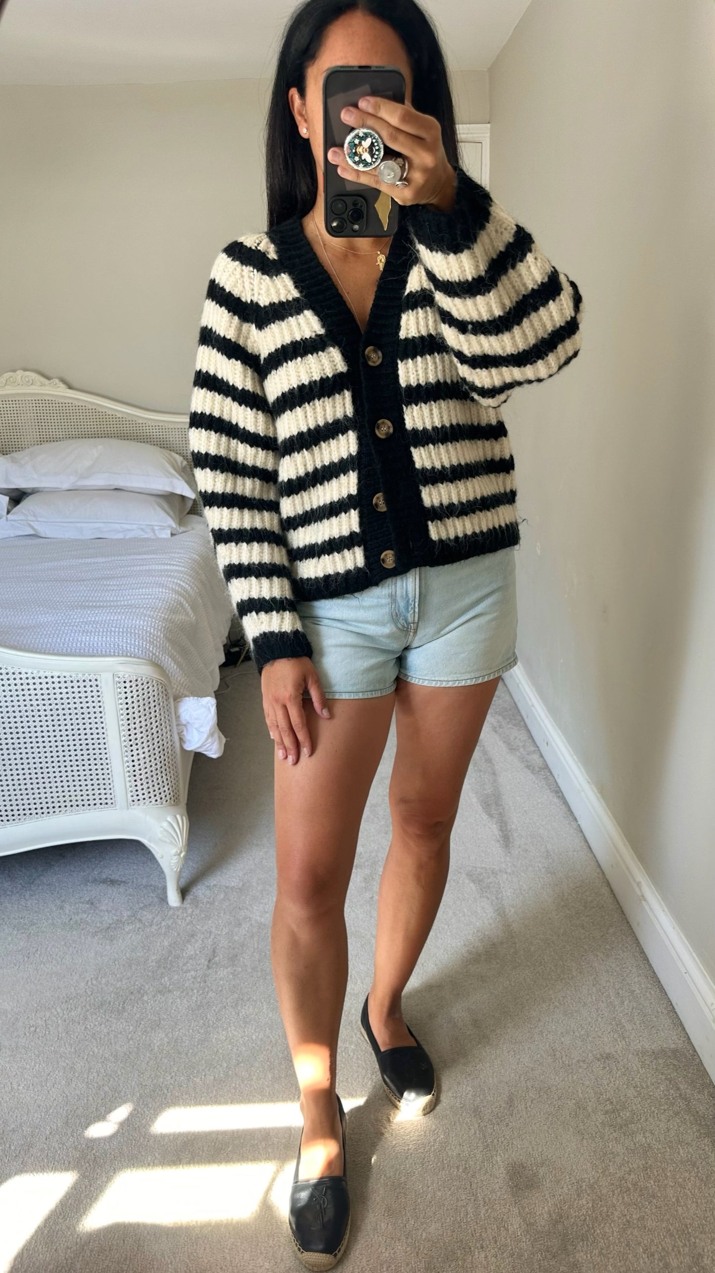 Zara cream black knitted jumper cardigan stripe wool blend small UK 8-10 vgc w25