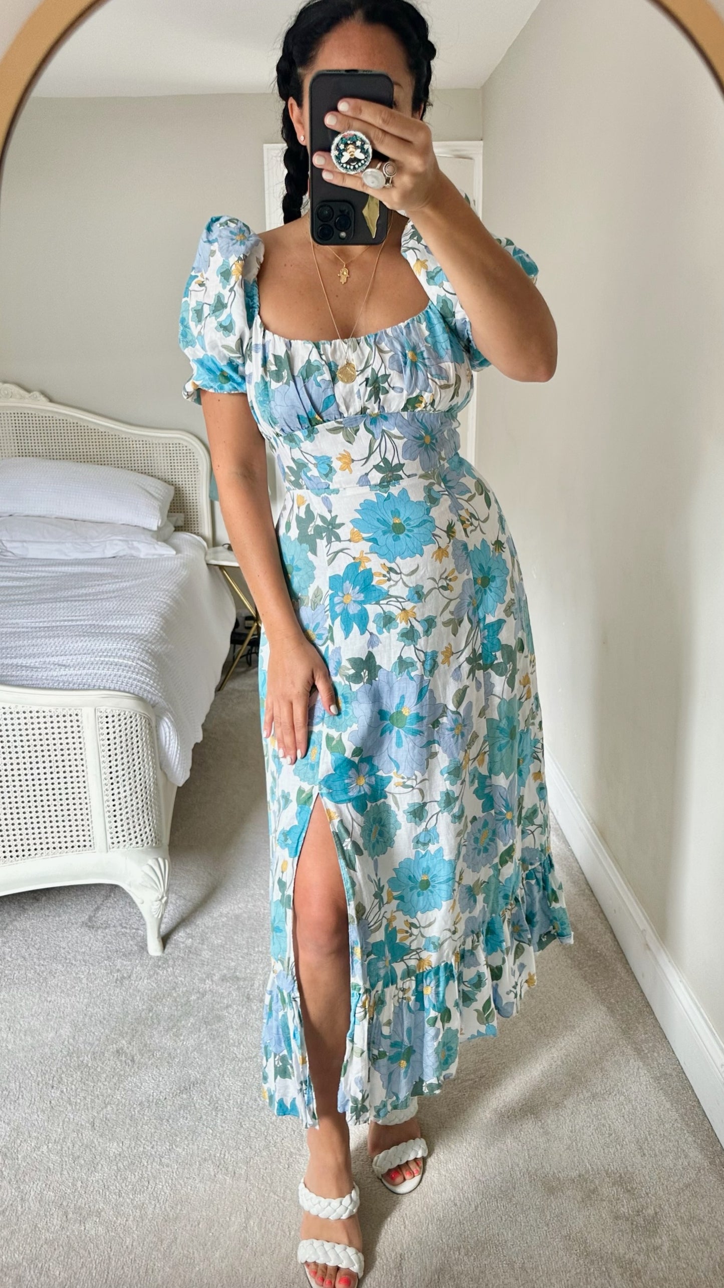 & other stories floral pure linen blue white yellow wedding guest dress small large UK 8 10 16 vgc