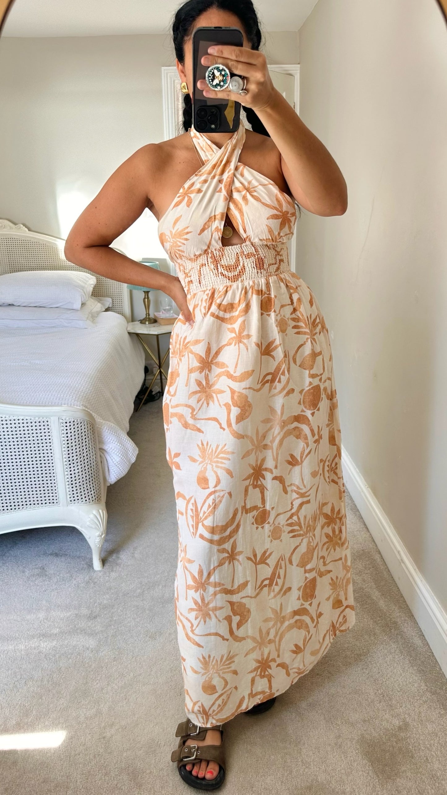 Steele cream burnt orange linen blend maxi halter neck holiday dress small UK 8 vgc