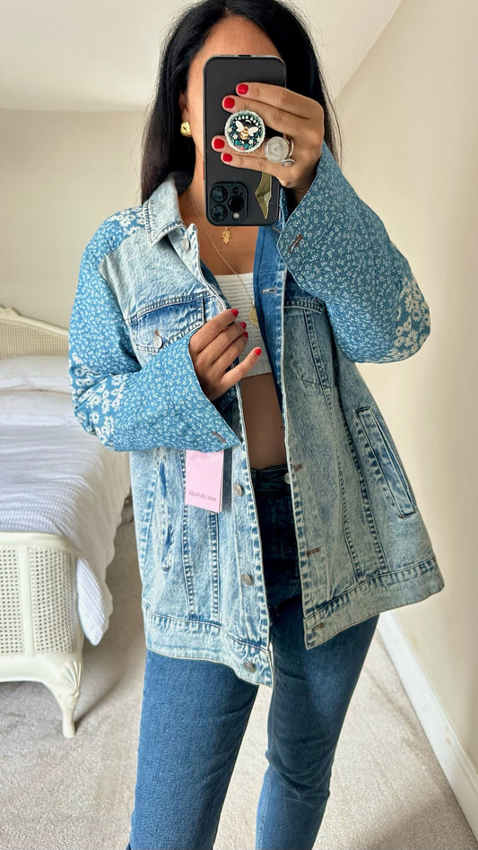 Avec les filles @ Anthropologie light blue patchwork denim jacket extra large UK 14 vgc w25