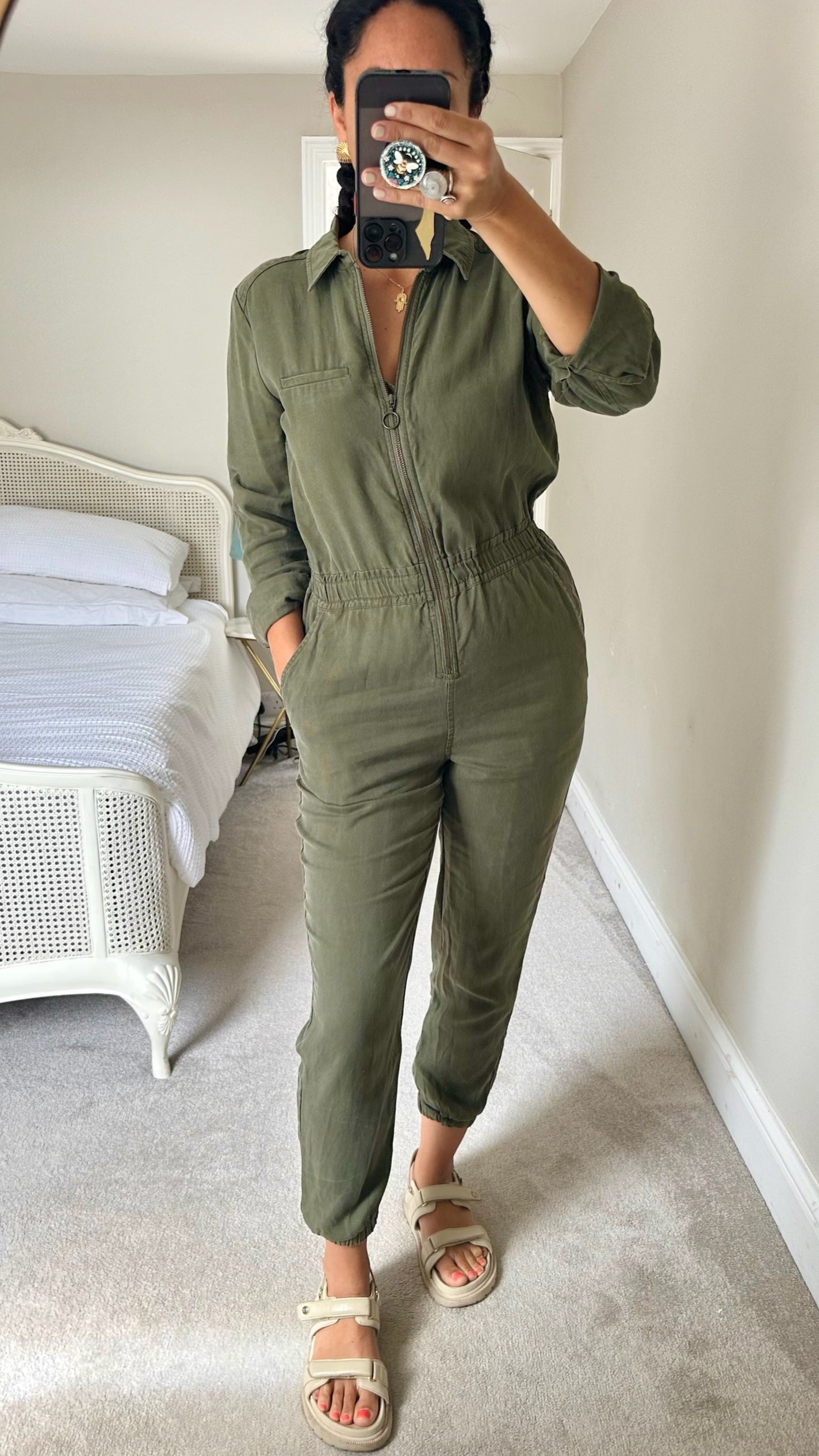 HUSH khaki olive green boiler suit jumpsuit small UK 8-10 vgc