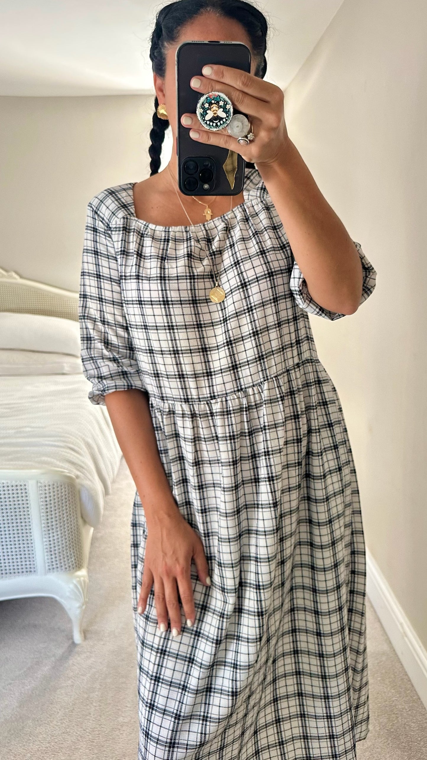 Nobody’s child white black check gingham midi dress large UK 12 vgc
