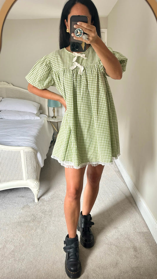 Sister jane olive green white bow mini event gingham check dress medium UK 10-12 vgc