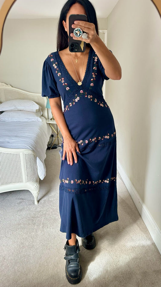 ASOS navy blue prairie midi long dress extra large UK 14 vgc w25