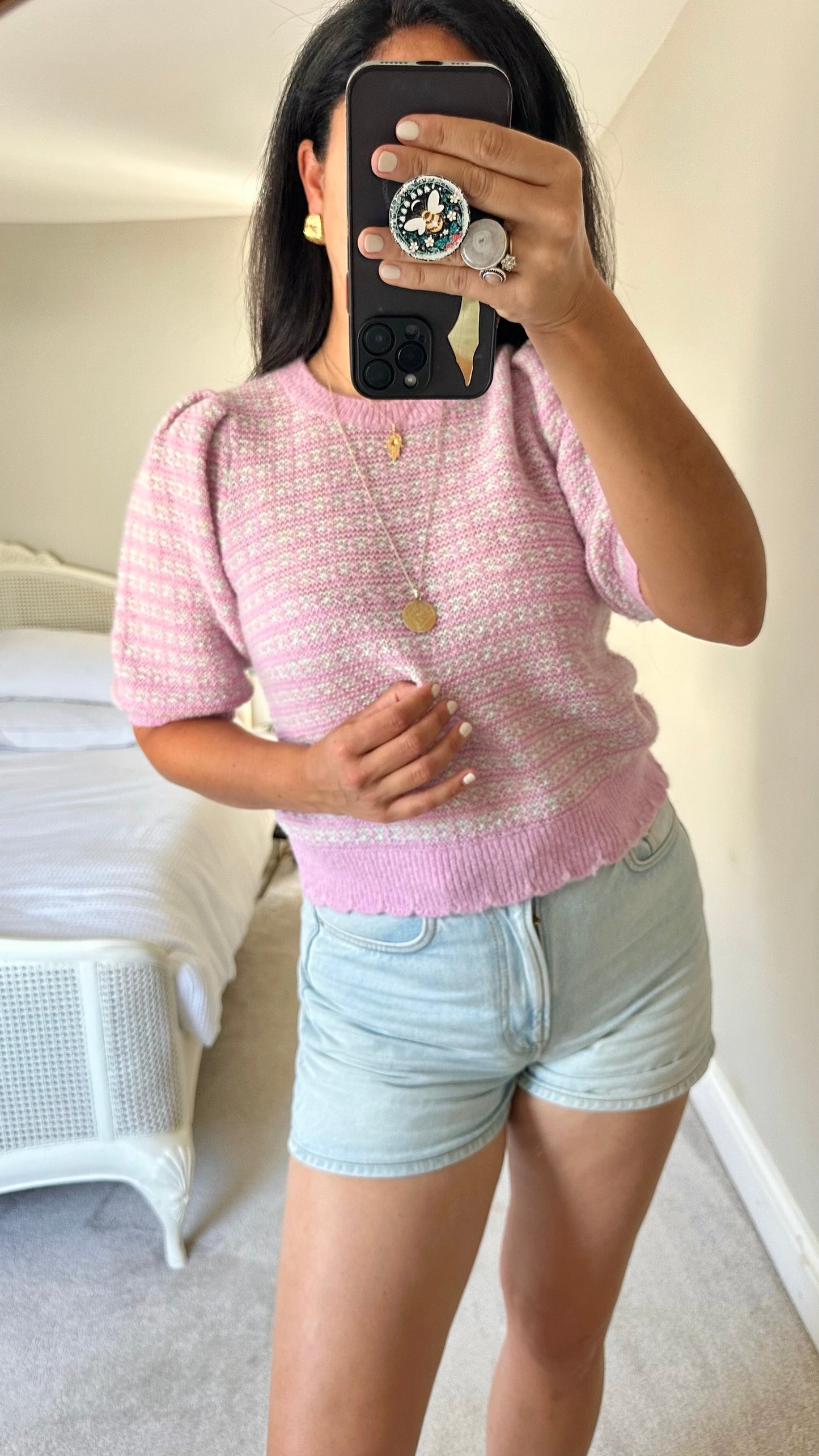 Oliver bonas pink lilac scalloped knitted three quarter 3/4 length jumper top small UK 8 vgc