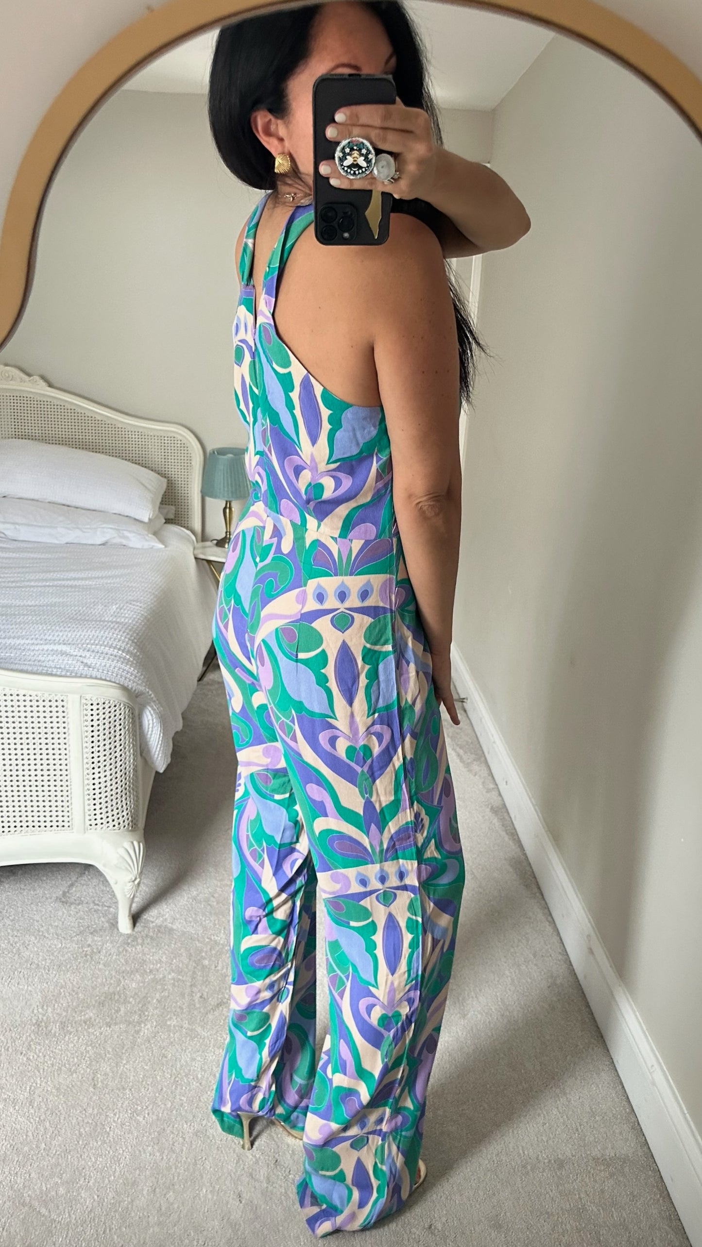 Mango lilac green blue twist front boho hippie jumpsuit tall large UK 12 vgc