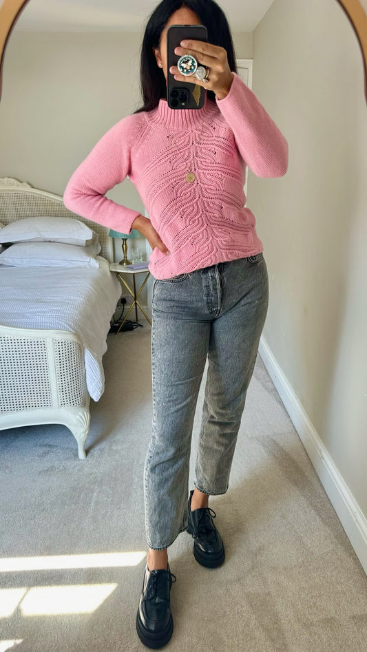 United colors of benetton candy pink high wool angora blend knitted crochet jumper medium UK 10 vgc w25