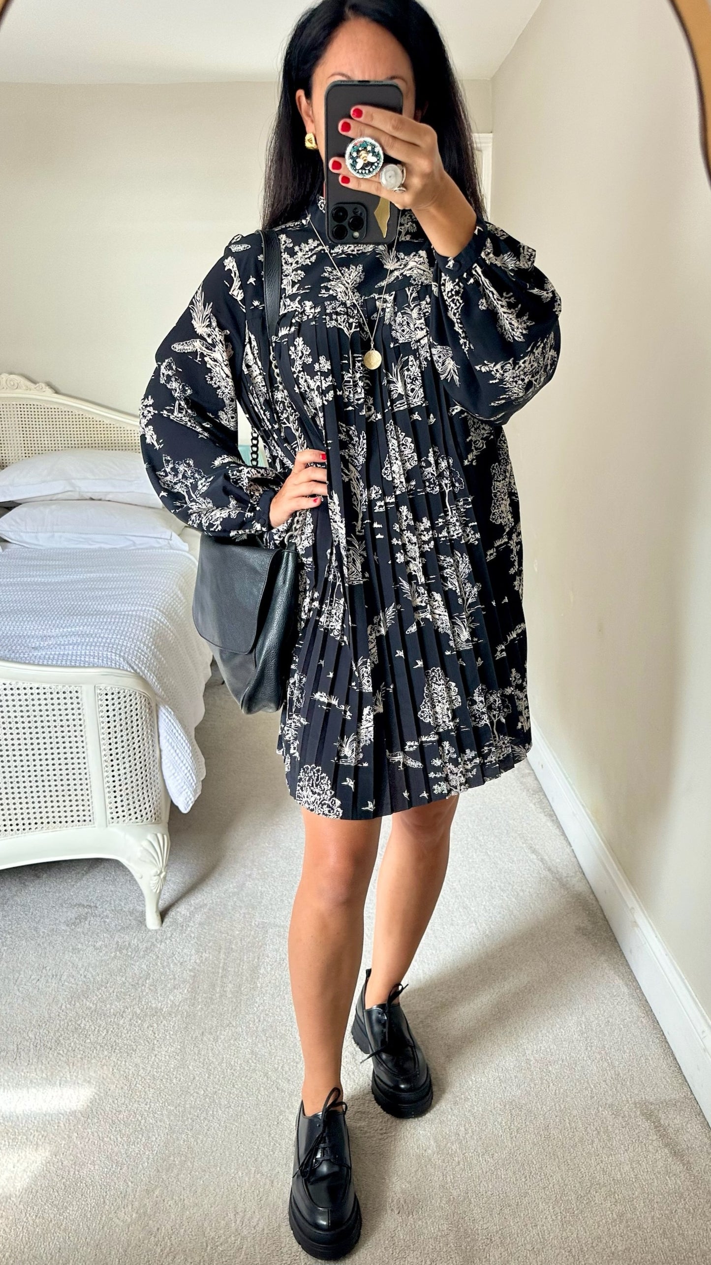 & other stories black cream peacock village print pleated mini smock dress large UK 12 vgc w25