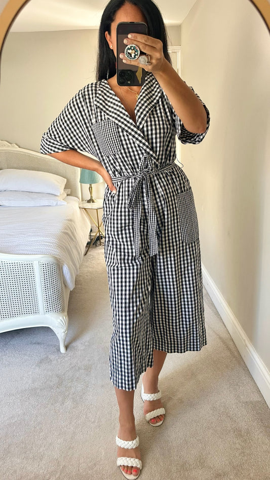 Warehouse gingham check black white jumpsuit playsuit large UK 12-14 vgc