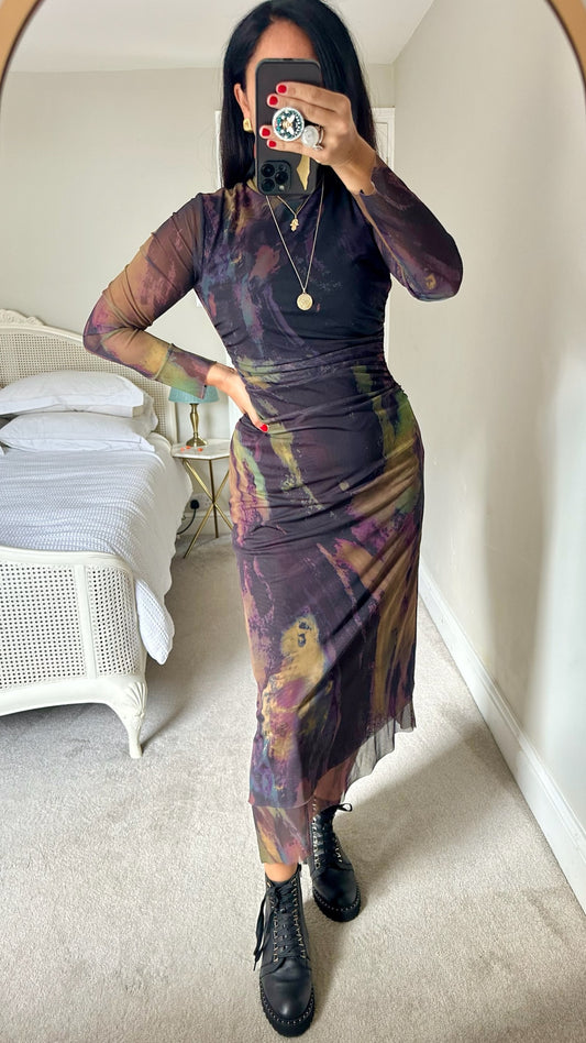 Zara purple khaki acid wash mesh event dress backless large UK 12 vgc w25