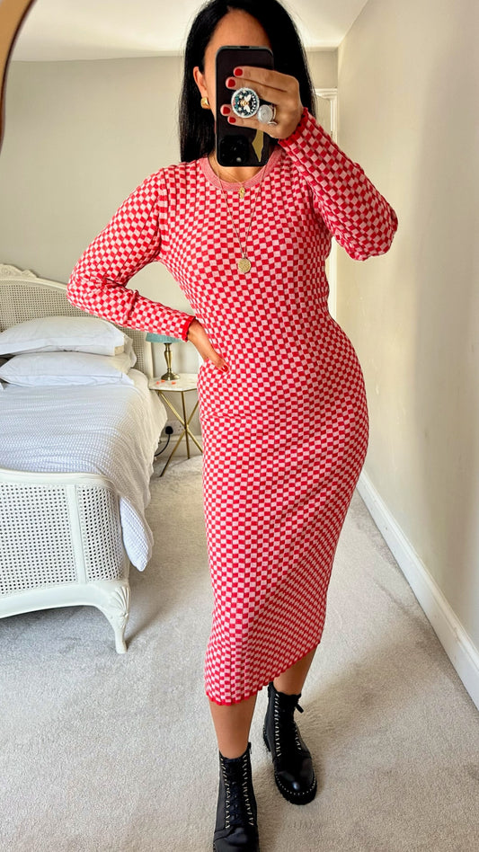 Whistles ribbed pink red knitted long line maxi jumper dress medium large UK 10 12 vgc w25