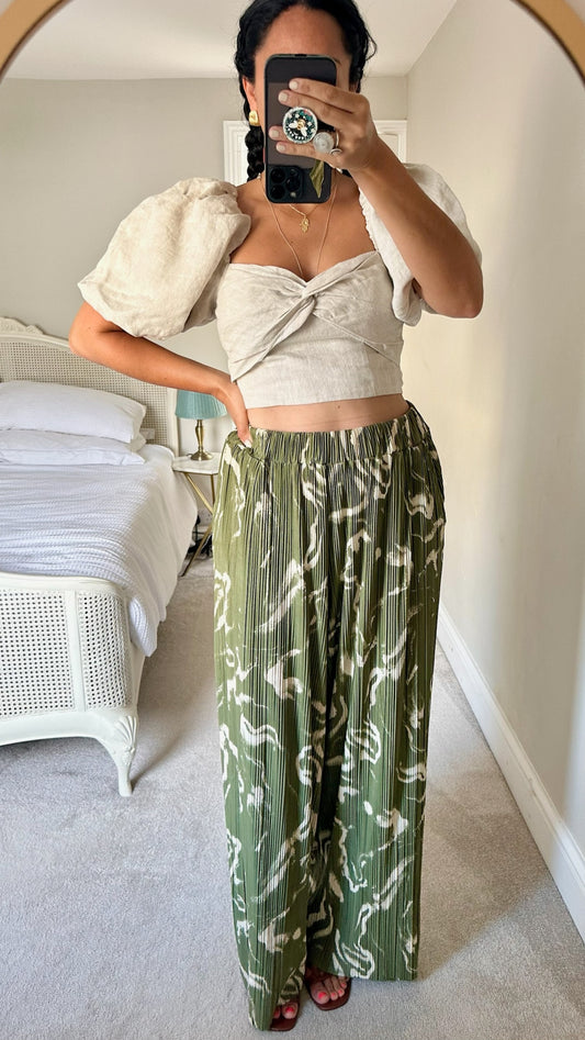 Selected femme @ Anthropologie olive khaki green cream printed trousers large UK 14 vgc